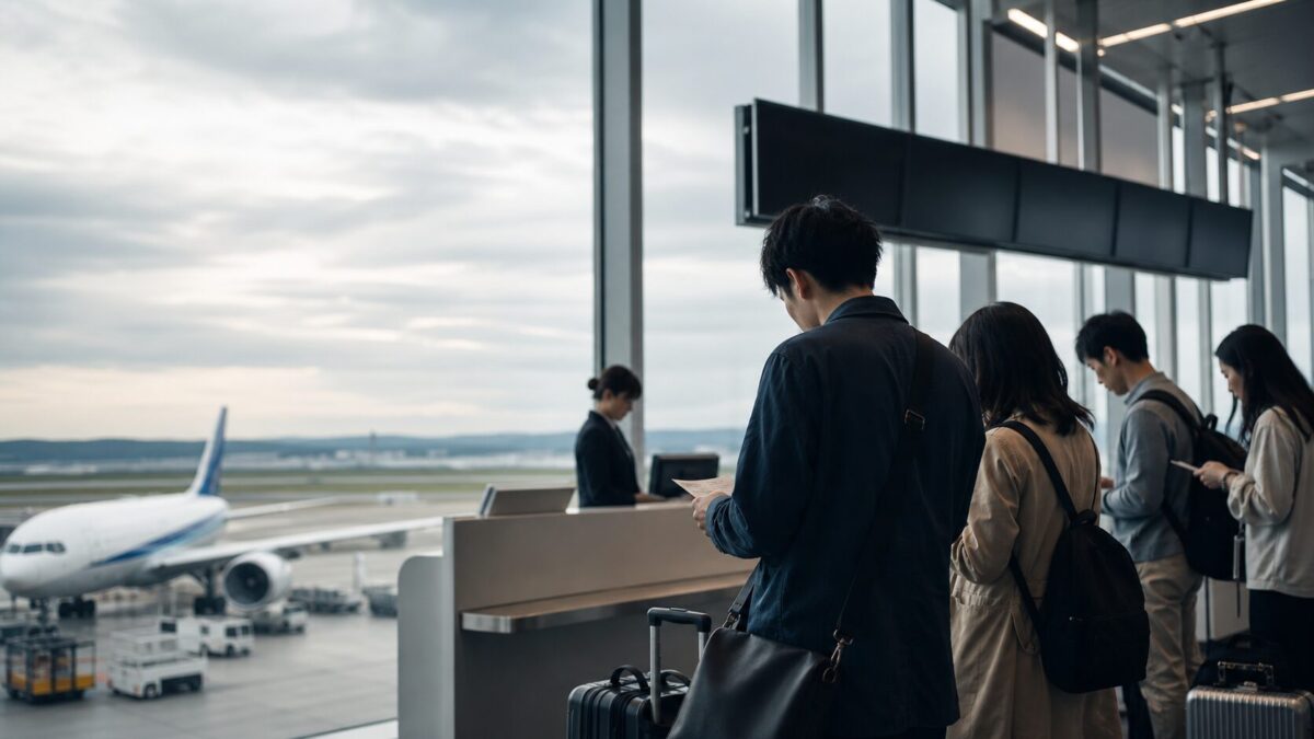 空港搭乗ゲートでANAシンプル運賃とオーバーブッキング時の対応を確認する旅行者