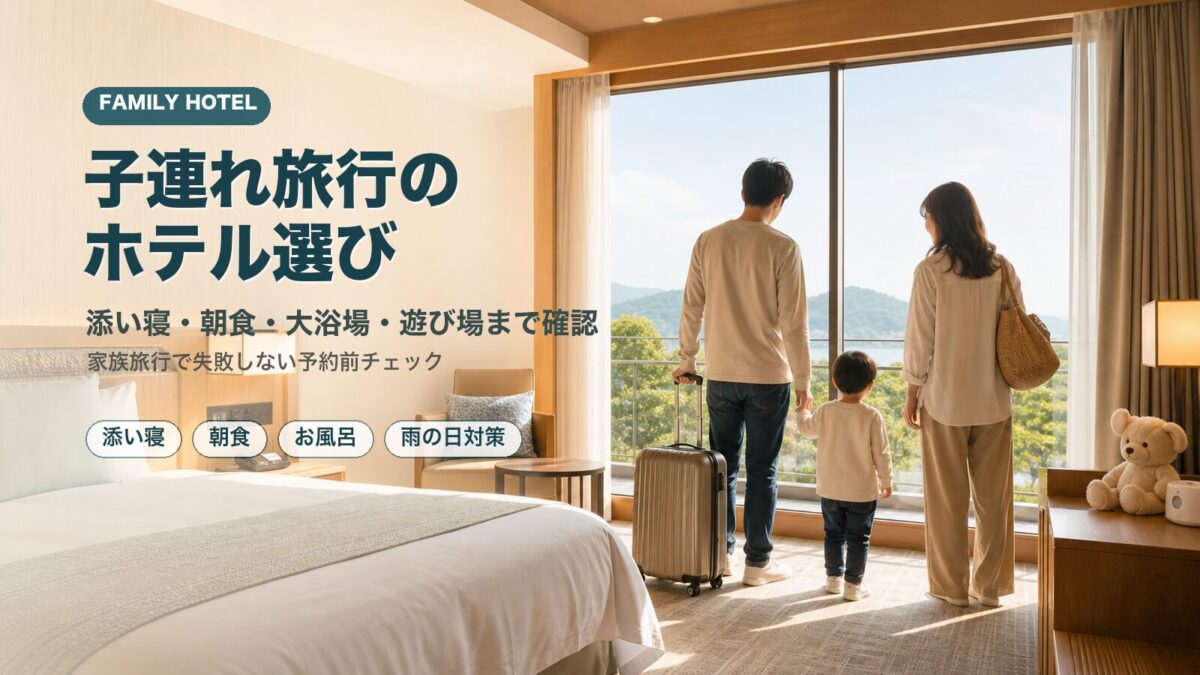 子連れ旅行のホテル選び ホテル客室で景色を見る家族