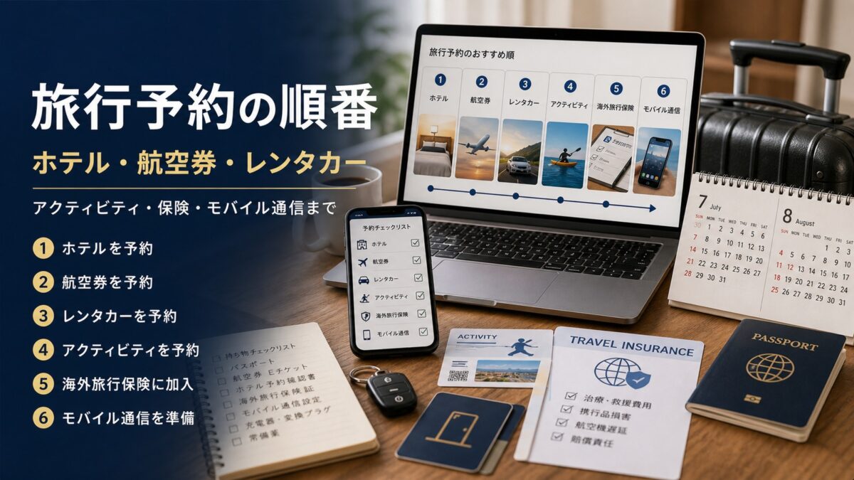 旅行予約の順番 ホテル 航空券 レンタカー アクティビティ 保険 通信