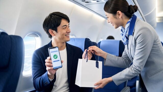 ANA国際線で事前注文した機内免税品をスマートフォン確認後に受け取る旅行者