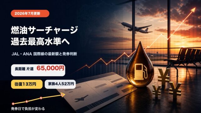 燃油サーチャージが過去最高水準になったことを示す航空券と上昇グラフのアイキャッチ画像