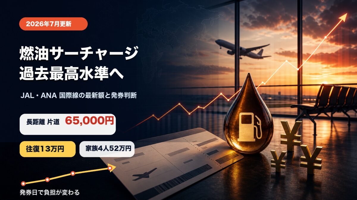燃油サーチャージが過去最高水準になったことを示す航空券と上昇グラフのアイキャッチ画像