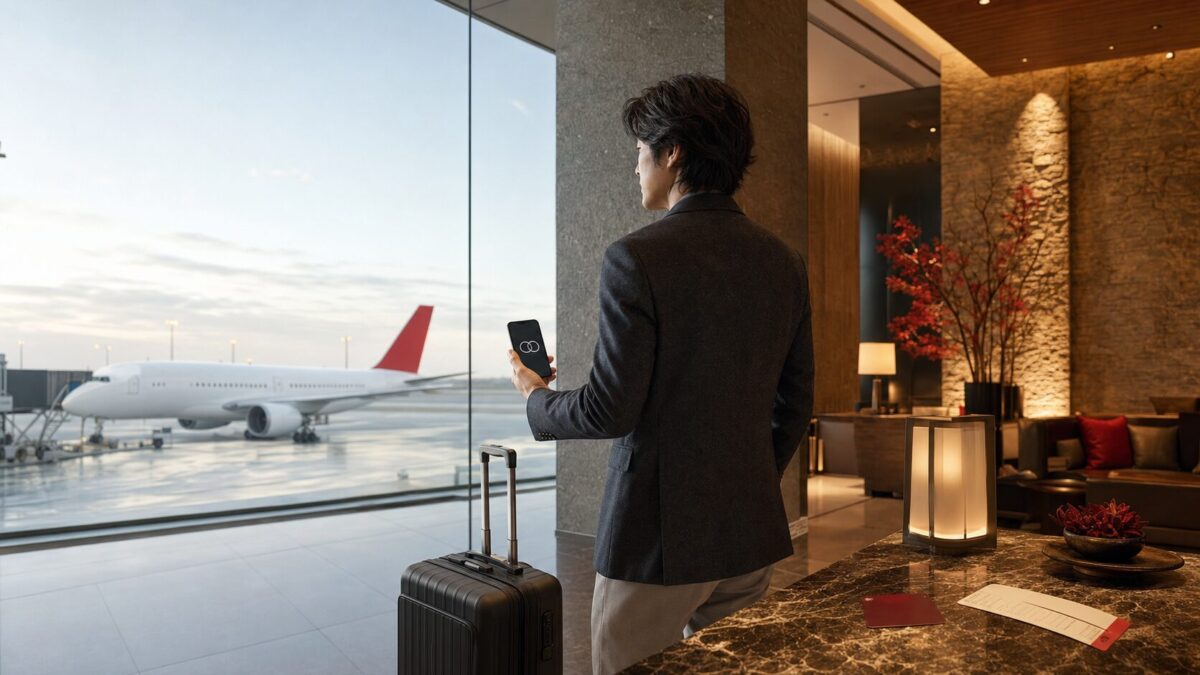 空港と高級ホテルを横断してJALとMarriott Bonvoyのアカウント連携を確認する旅行者