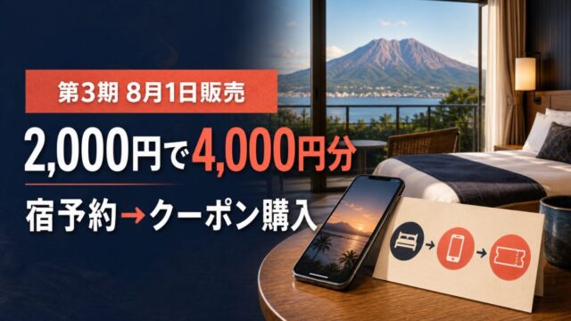 鹿児島市の宿泊クーポン第3期を解説。2,000円で4,000円分、8月1日販売開始、現地払いの宿予約後に購入する手順、枚数上限と返金不可の注意点を整理します。