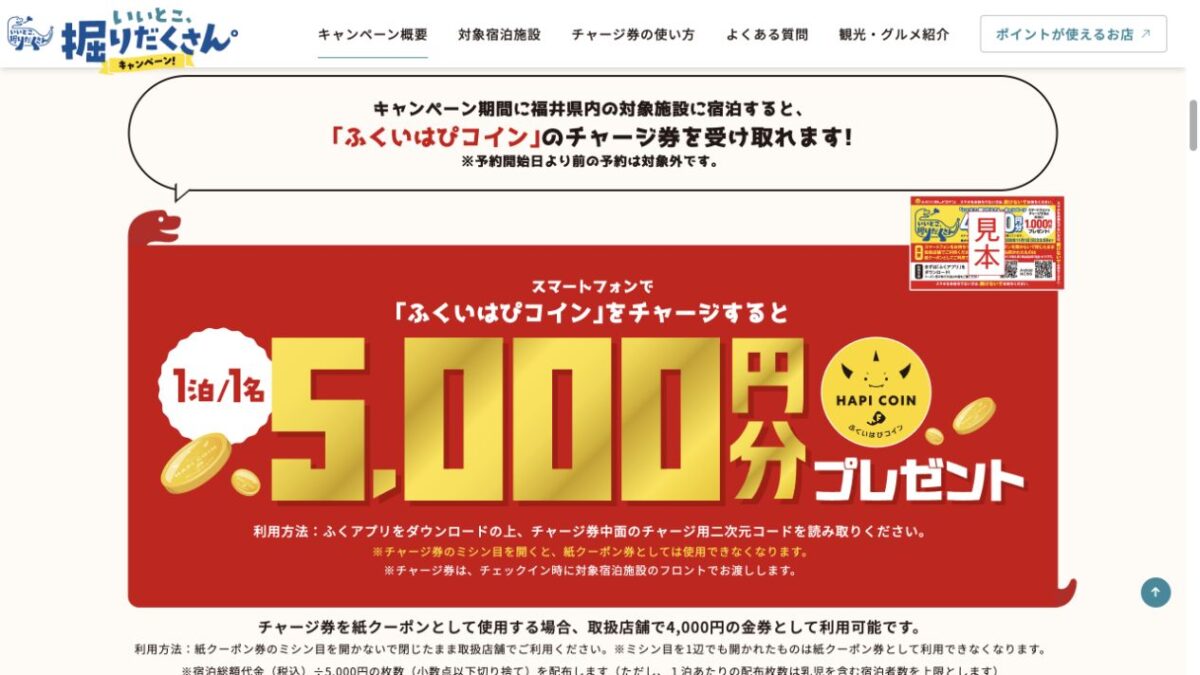 福井県いいとこ掘りだくさんキャンペーンのはぴコイン5000円分と紙クーポン4000円分の公式画面