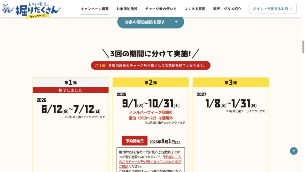 福井県いいとこ掘りだくさんキャンペーン第2弾と第3弾の期間と予約開始日を示す公式画面