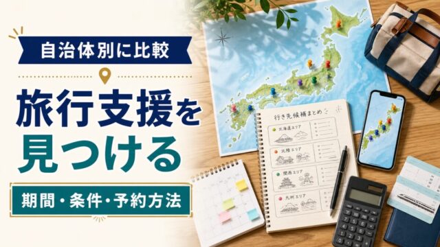 自治体別に全国の旅行支援を比較し、期間・条件・予約方法から選ぶためのアイキャッチ