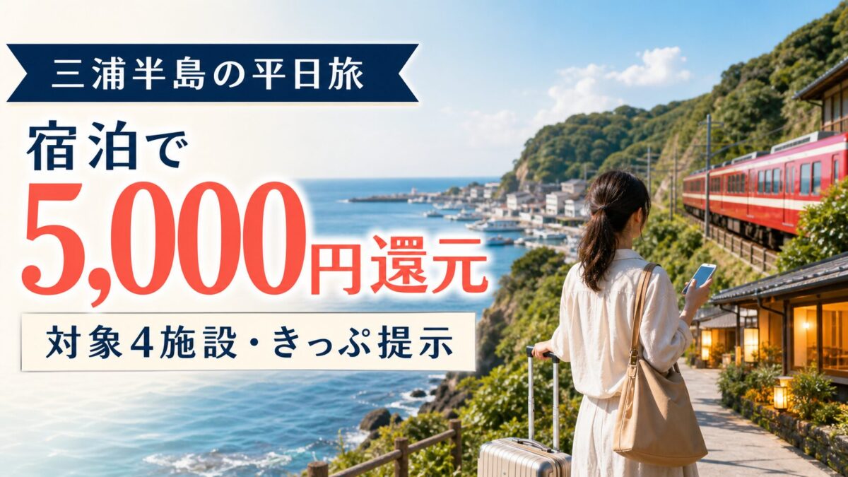 三浦半島の対象4施設に泊まりデジタルきっぷを提示すると5000円還元されるキャンペーン