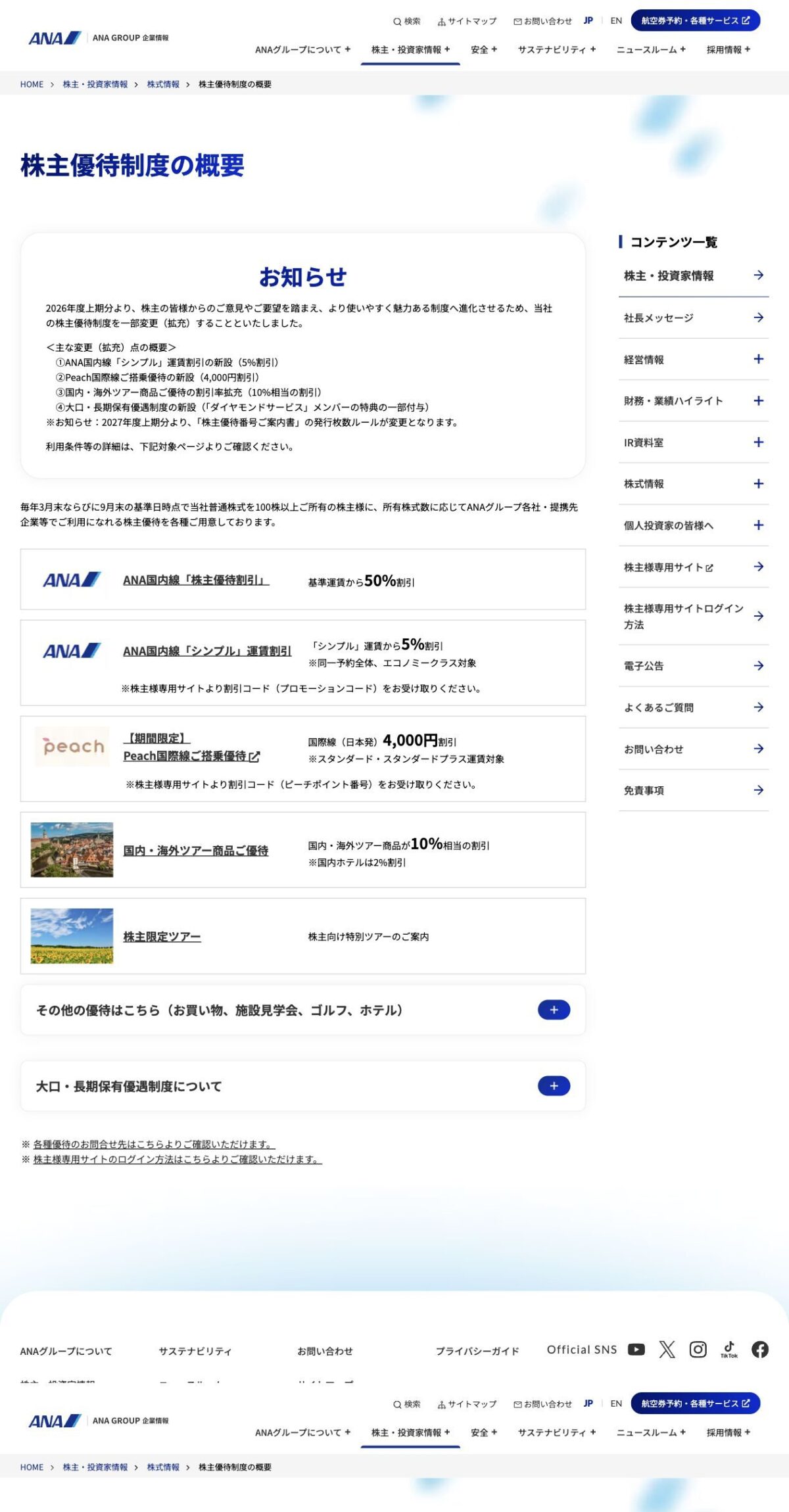 ANA国内線の株主優待割引やホテル、ツアー、Peach国際線の株主優待を案内する公式画面