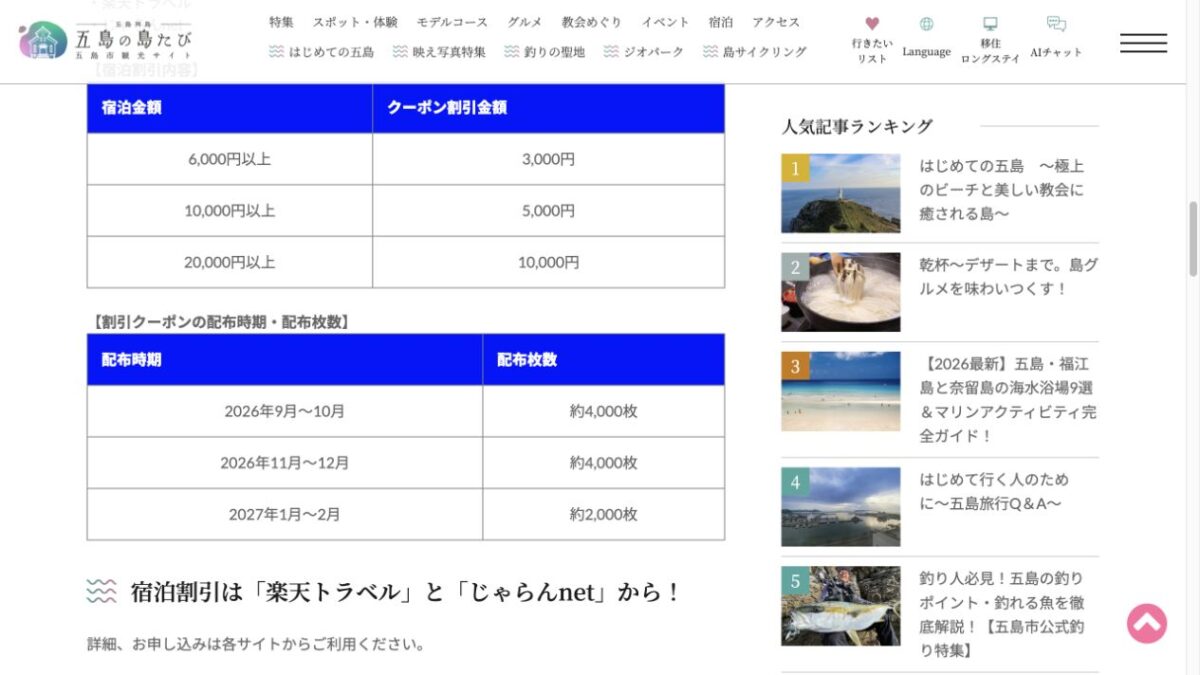 GOTO五島宿泊割のクーポン三段階と期間別の配布予定枚数を示す公式画面