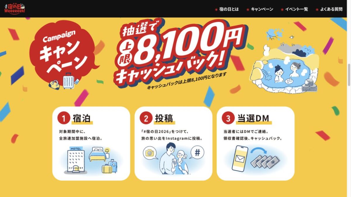宿の日2026の最大8100円キャッシュバックと宿泊・Instagram投稿・当選DMの3段階を示す公式画面