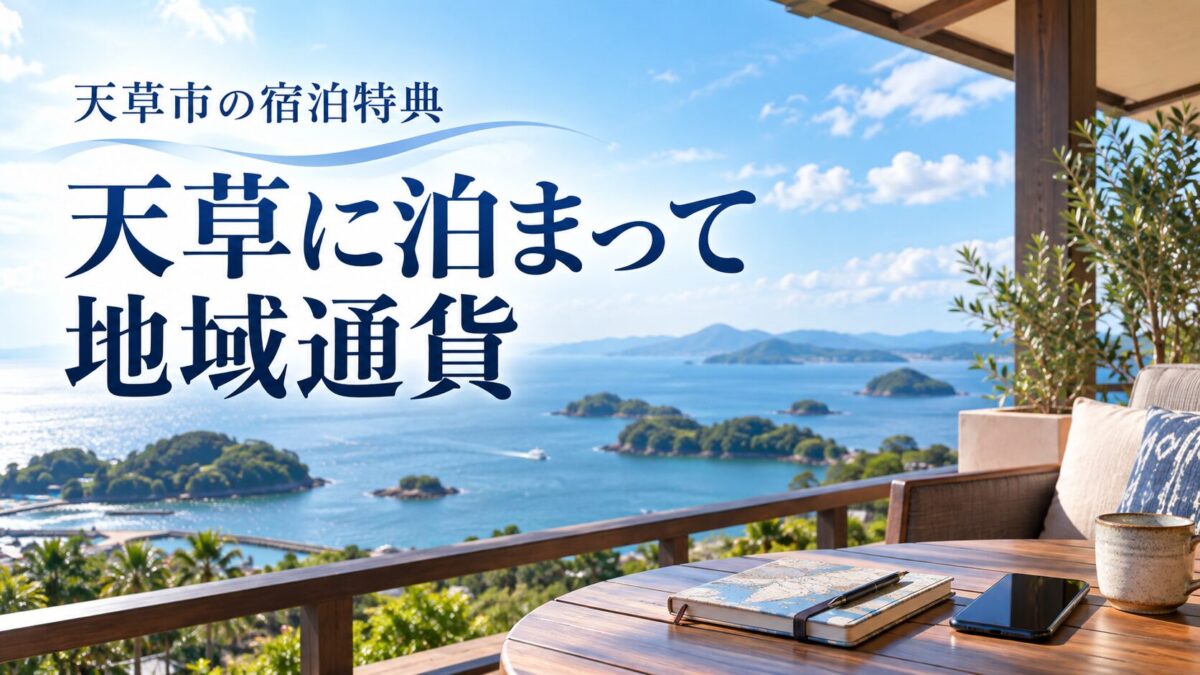 天草の海を望む宿と「天草に泊まって地域通貨」の見出し