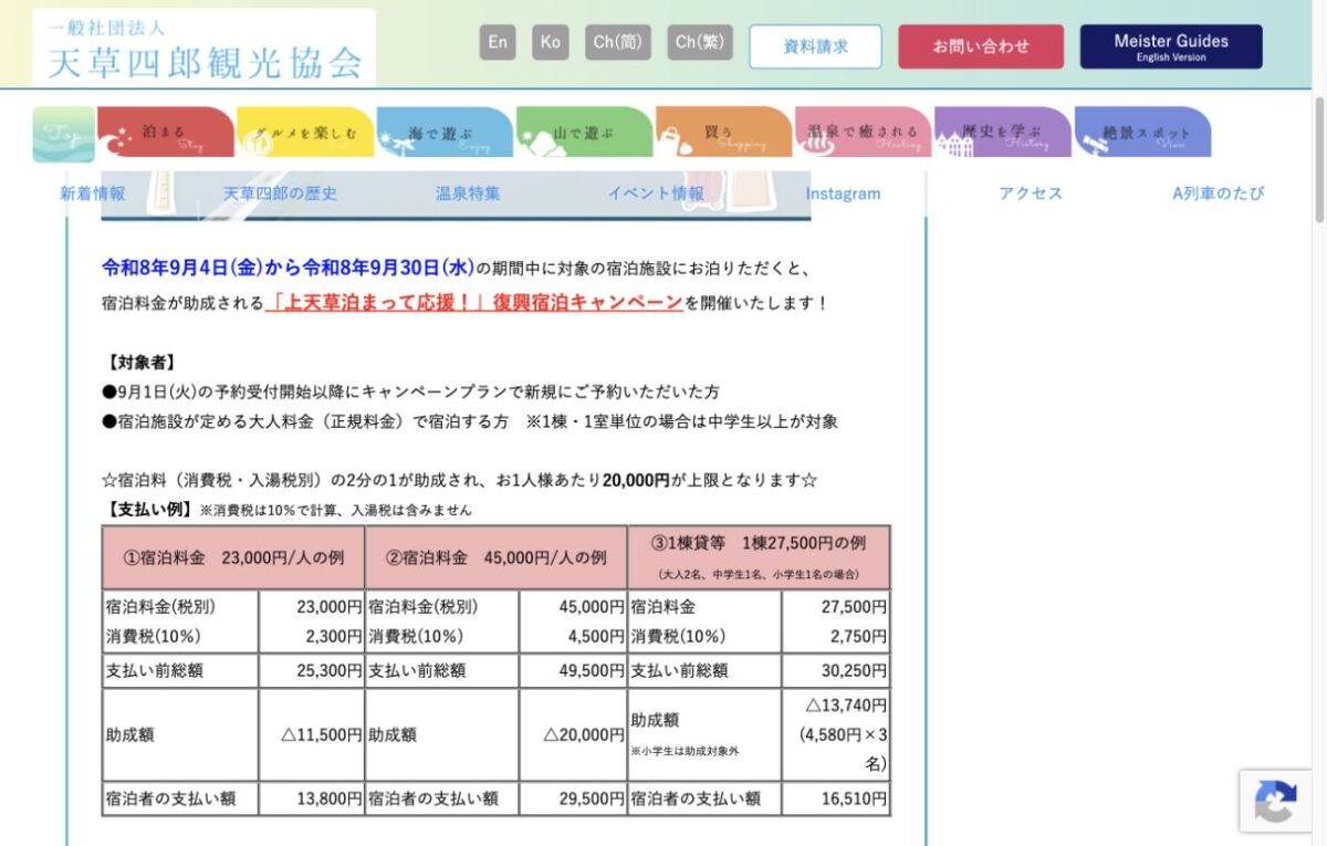 上天草泊まって応援キャンペーンの対象者と50パーセント最大2万円の計算例を示す公式画面
