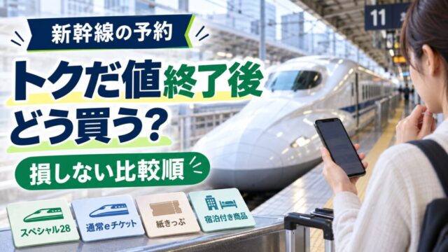 新幹線のホームと予約を比較する旅行者。トクだ値終了後の買い方を示すアイキャッチ