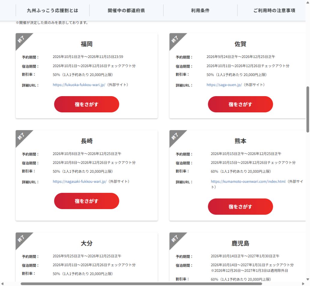 Yahoo!トラベルの熊本カードに終了と表示。掲載期間内でも新規割引受付は終了