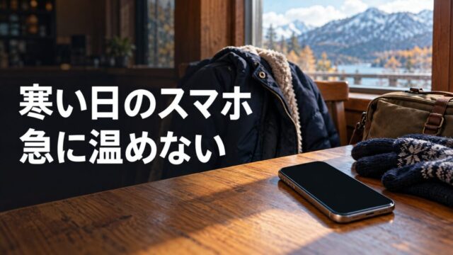 寒い旅行先の室内に置いたスマホと防寒着。寒い日のスマホ、急に温めない