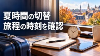 秋の海外旅行で時計と旅程の時刻を確認するイメージ