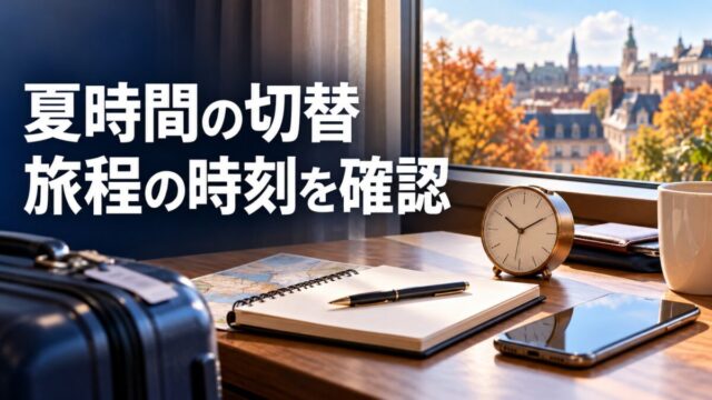 秋の海外旅行で時計と旅程の時刻を確認するイメージ