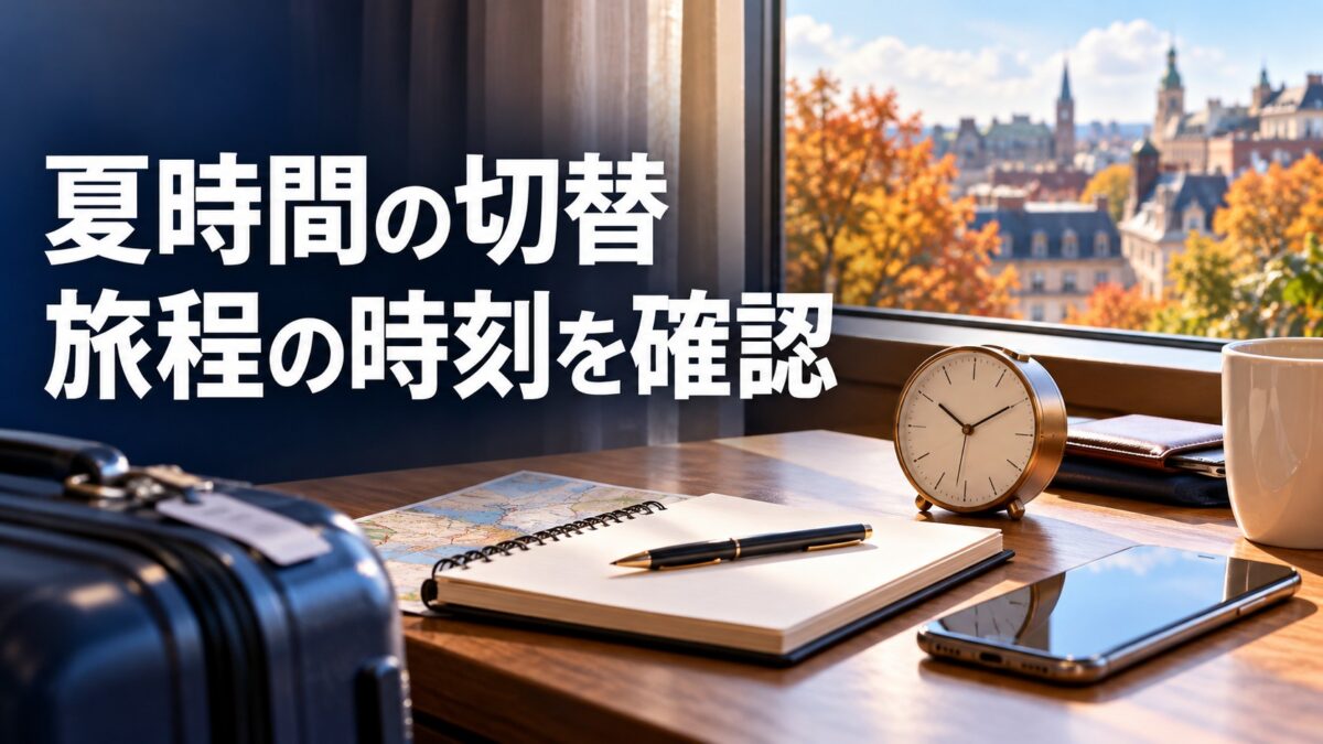 秋の海外旅行で時計と旅程の時刻を確認するイメージ