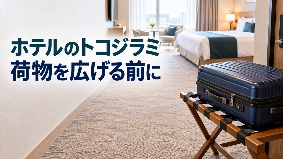 ベッドから離した荷物台に、閉じたスーツケースを置いたホテル客室のイメージ