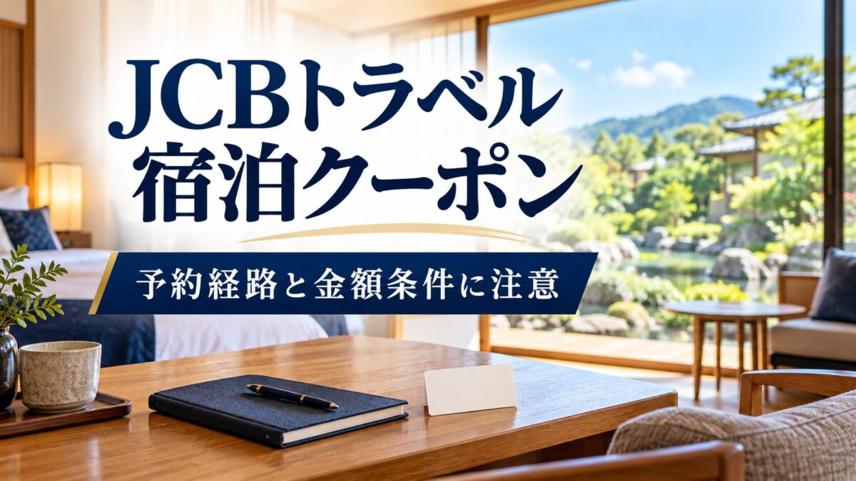ホテル客室をイメージした生成画像。JCBトラベル宿泊クーポン、予約経路と金額条件に注意。