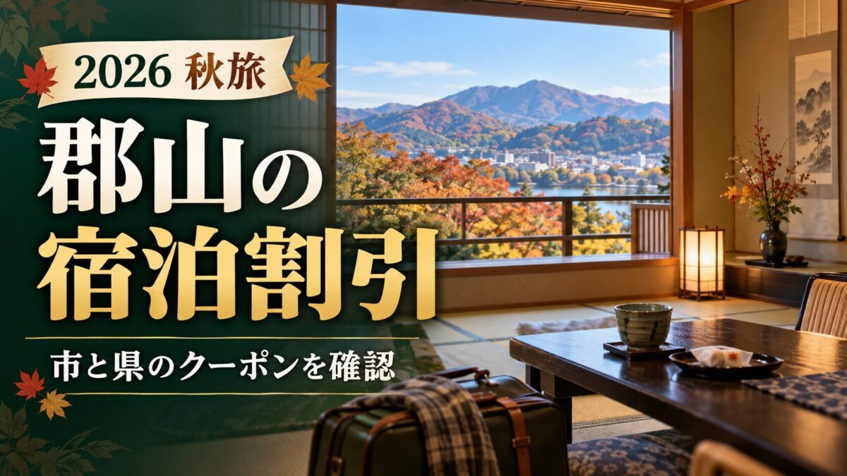 郡山市の宿泊割引と市・県クーポンの確認を案内するアイキャッチ。旅館のイメージ画像