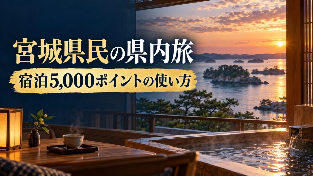 宮城県民の県内旅、宿泊5,000ポイントの使い方。架空の温泉宿と海のイメージ
