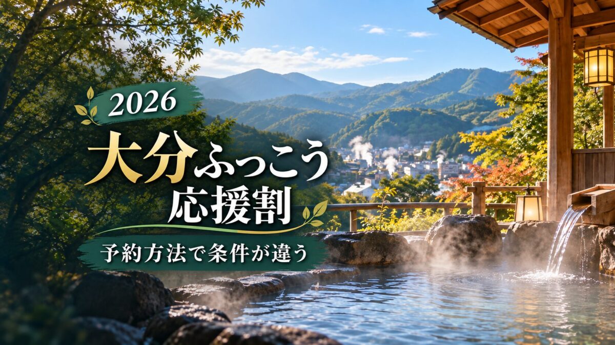 大分ふっこう応援割2026の予約方法を解説する記事のアイキャッチ。旅行のイメージ画像