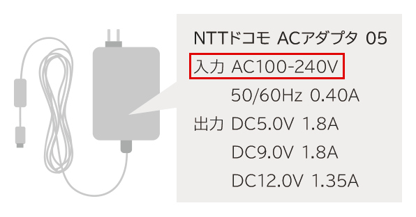 NTTドコモの公式例。充電器の入力AC100–240Vの欄が赤枠で示されている