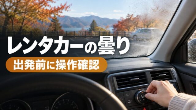安全な駐車場の車内で曇り取りの操作を確認する。レンタカーの曇り、出発前に操作確認